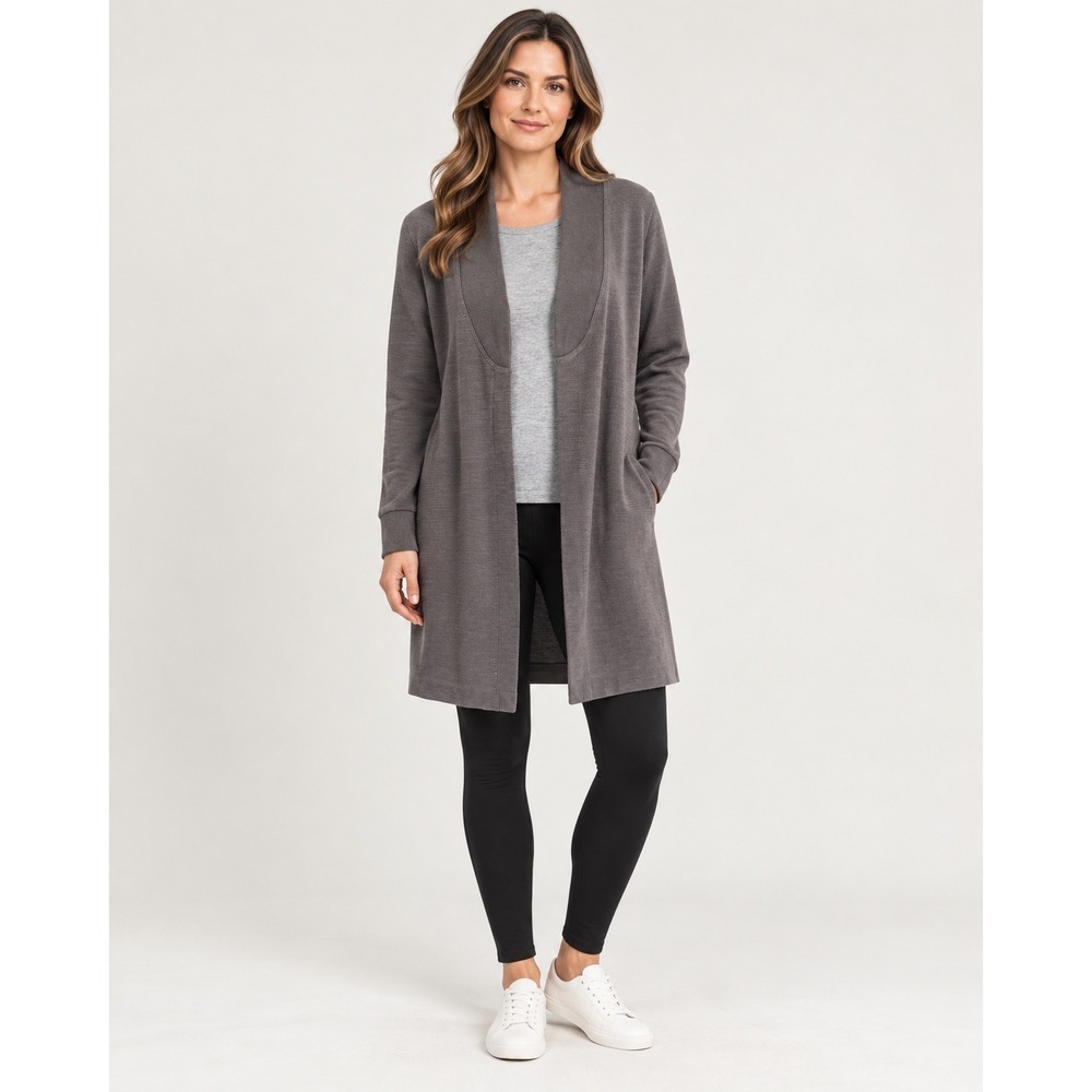 FIG Clothing Gray Open Front Cardigan Shawl Collar Long Sleeve Pockets Women L